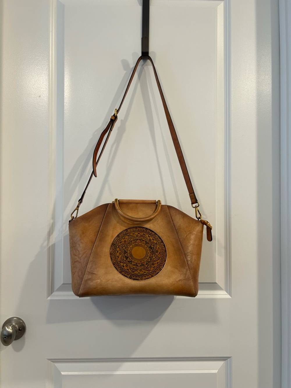 Tan Faux Leather Shoulder Bag with Decorative Medallion